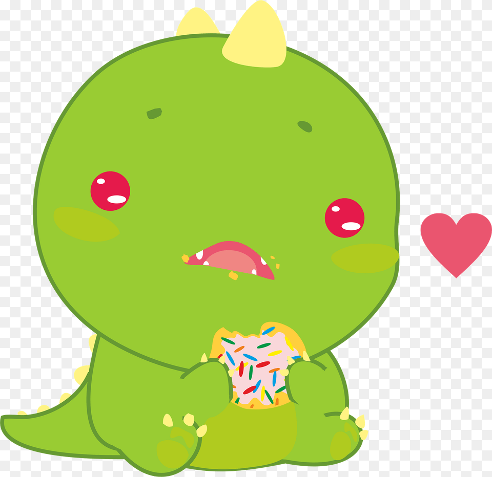 Cute Dino With Donut Clipart, Green, Food, Sweets, Cream Png