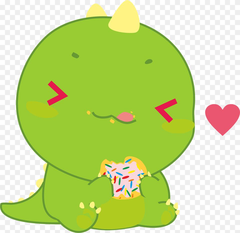 Cute Dino With Donut Clipart, Green, Cream, Dessert, Food Png Image