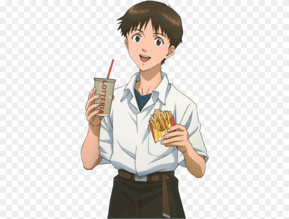 Cute Dork Eats Fries Sad Boy Shinji, Book, Disposable Cup, Cup, Comics Png Image
