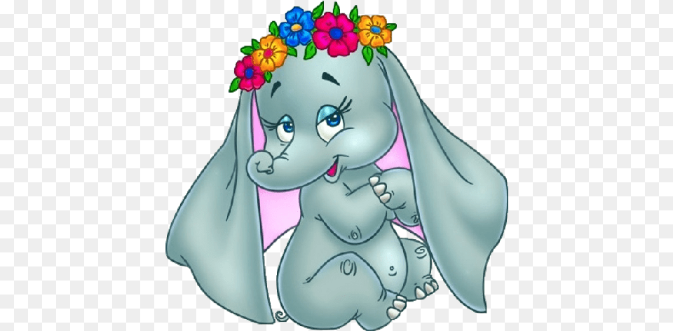 Cute Elephant Image With Flowers Baby Elephant Cartoon Drawing, Person, Face, Head, Animal Free Transparent Png