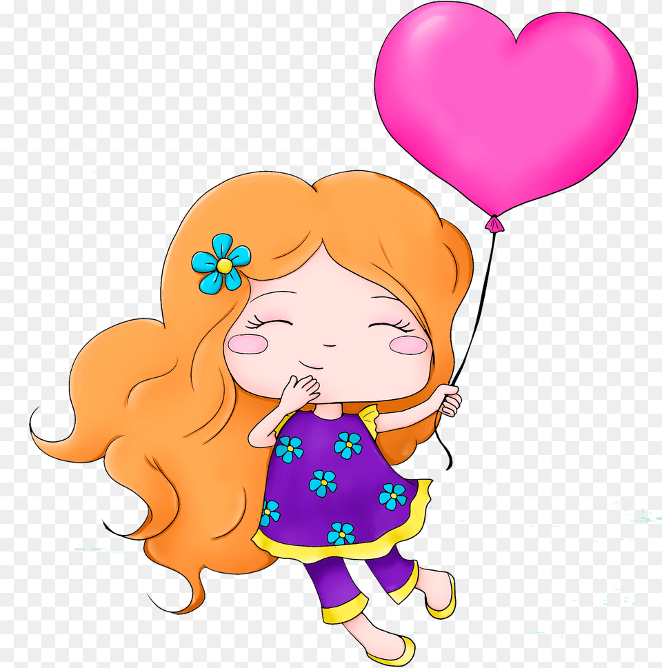 Cute Girl With Heart Balloon Clipart Girl In Clouds Cartoon, Baby, Person, Face, Head Png