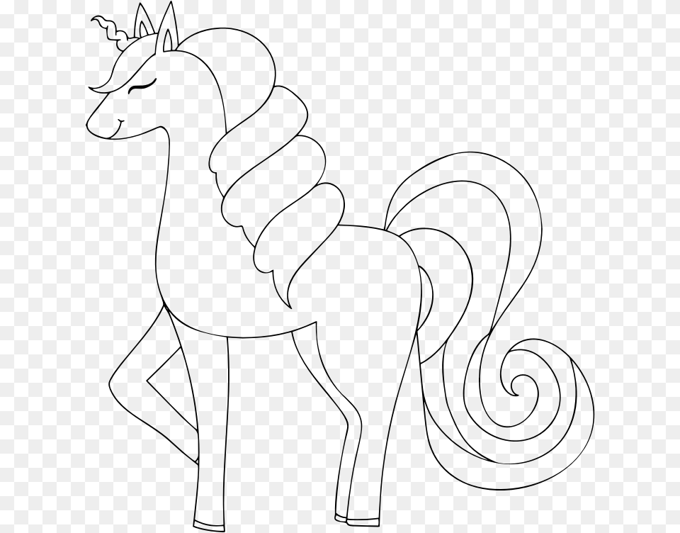 Cute Happy Unicorn Line Art Dibujos De Unicornio Grande, Gray Free Png Download