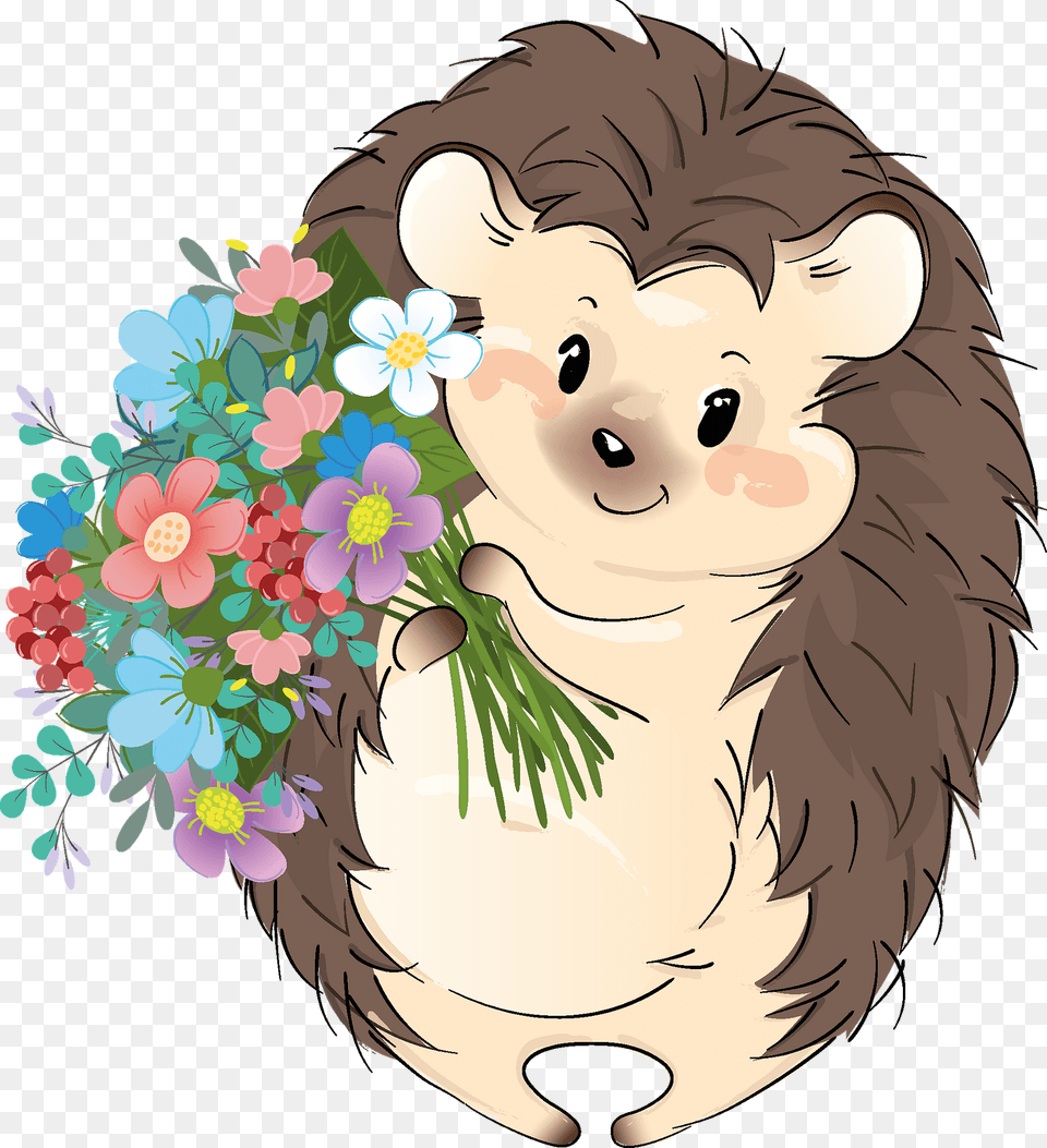 Cute Hedgehog With Flowers Clipart, Art, Graphics, Baby, Person Free Transparent Png
