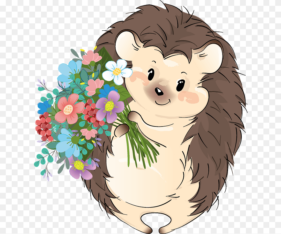 Cute Hedgehog With Flowers Clipart Hedgehogs With Flowers Vector, Art, Pattern, Graphics, Flower Bouquet Free Transparent Png