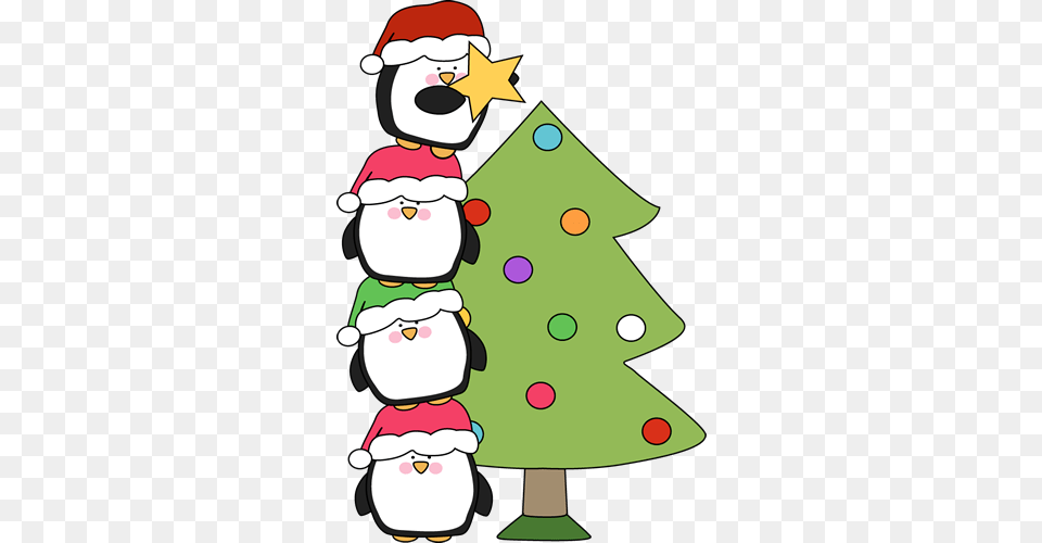 Cute Little Penguins Trying To Put A Star On A Tree Of All, Nature, Outdoors, Snow, Snowman Png Image