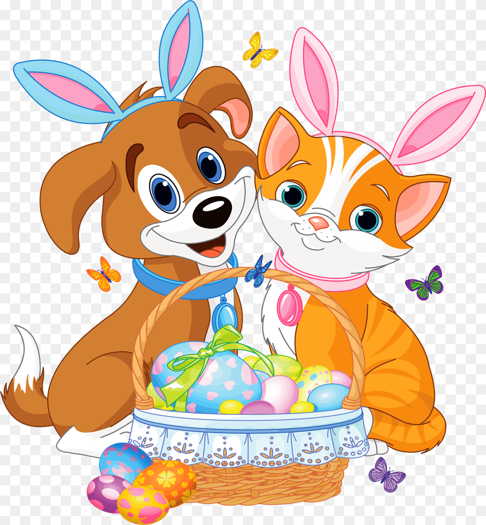 Cute Puppy And Kitten With Easter Bunny Happy Easter Dogs And Cats, Birthday Cake, Cake, Cream, Dessert Free Png
