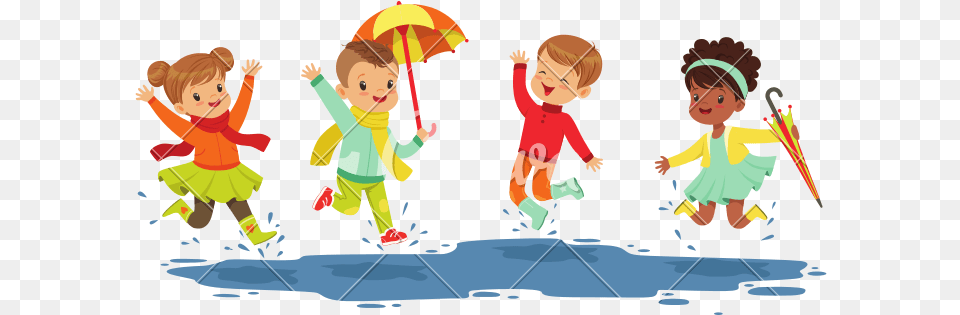 Cute Smiling Little Kids Jumping Splashing In Puddles Cartoon, Baby, Person, Art, Graphics Png Image