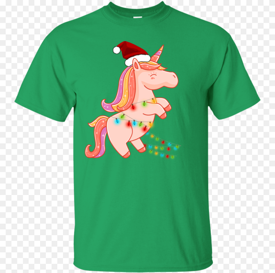 Cute Unicorn Santa With Christmas Light Merry Christmas T Shirt, Clothing, T-shirt, Applique, Pattern Png Image