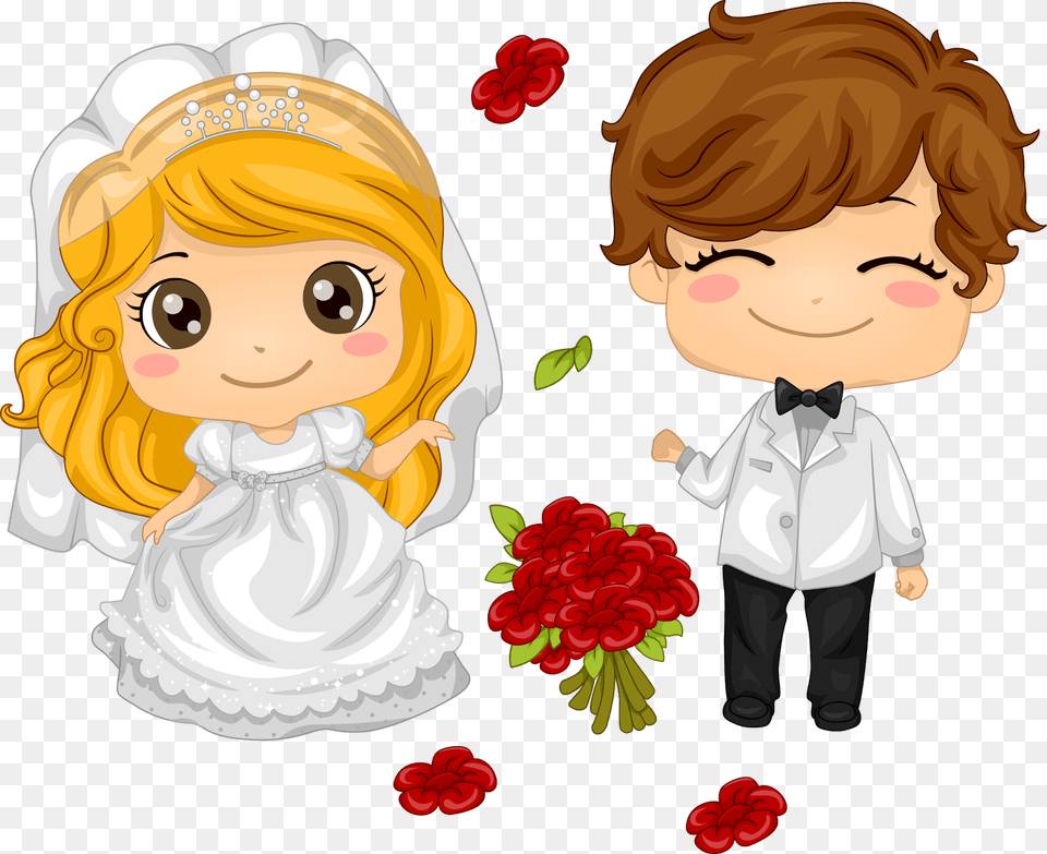 Cute Wedding Couple Cartoon, Flower, Petal, Plant, Flower Arrangement Free Png Download