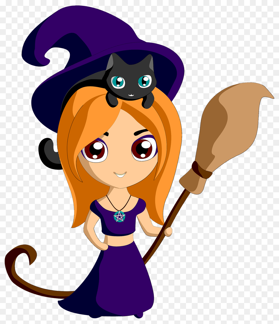 Cute Witch With Her Black Cat Clipart, Baby, Face, Head, Person Png Image