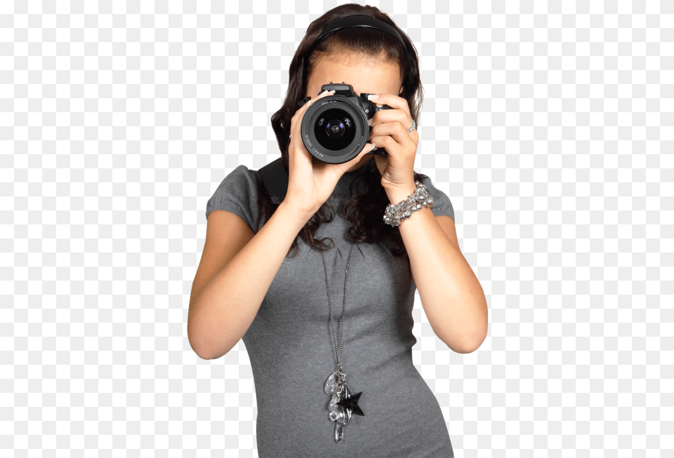 Cute Young Woman In Gray Dress With Digital Photo Camera Girl With Camera, Adult, Female, Photography, Person Free Png