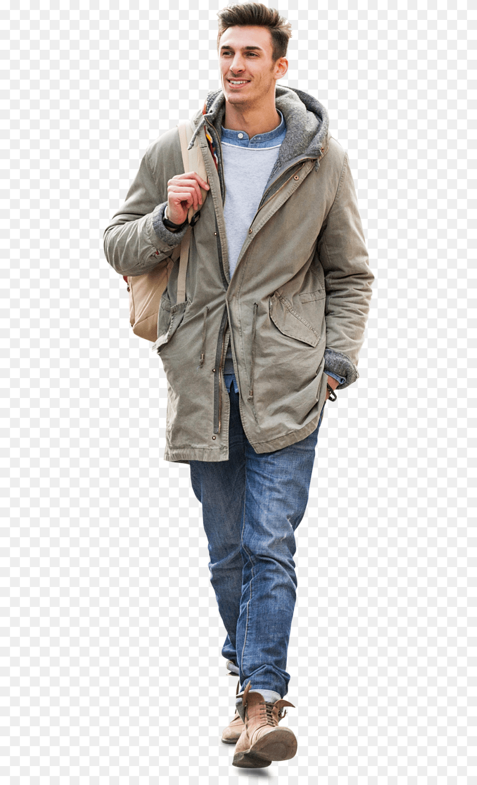 Cutout Man Walking In Green Jacket Man Walking Cut Out, Jeans, Clothing, Coat, Pants Free Png Download