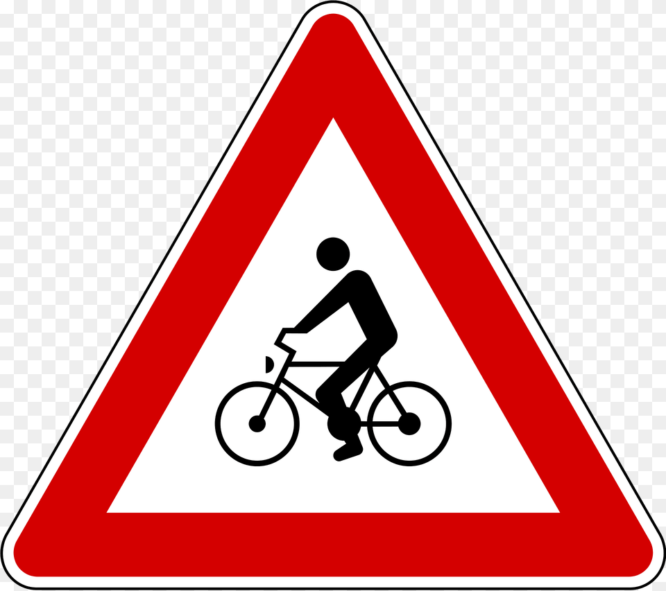 Cyclists Ahead Sign In Slovenia Clipart, Symbol, Wheel, Bicycle, Machine Png