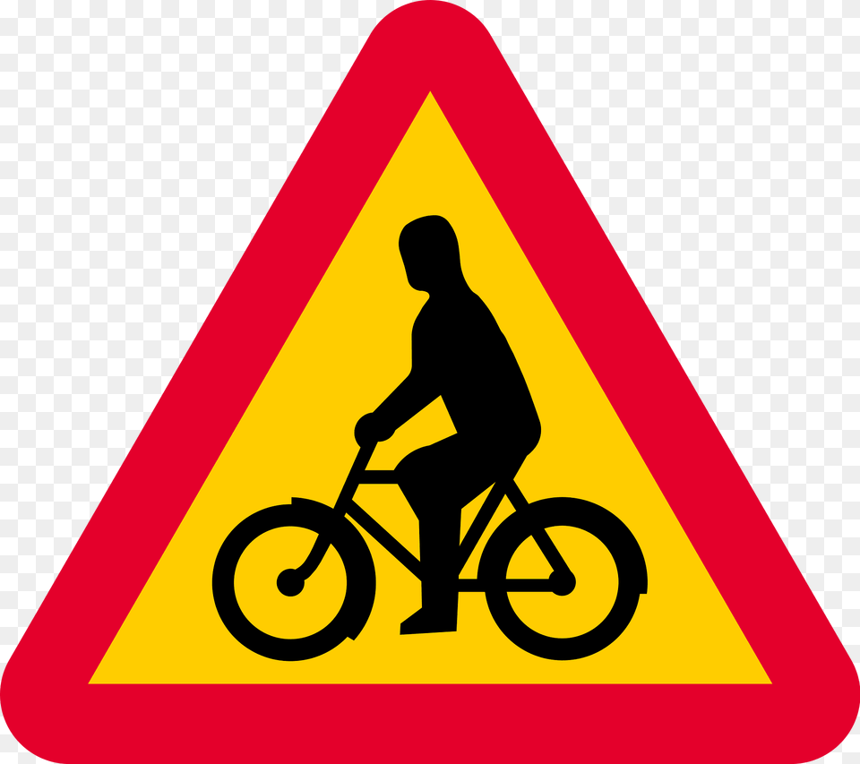 Cyclists Ahead Sign In Sweden Clipart, Symbol, Adult, Bicycle, Vehicle Free Png