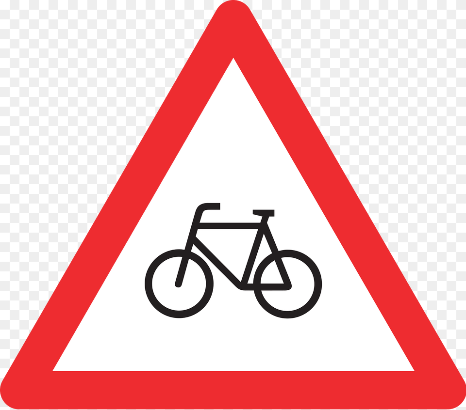 Cyclists Ahead Sign In Switzerland Clipart, Symbol, Road Sign, Triangle, Bicycle Free Transparent Png
