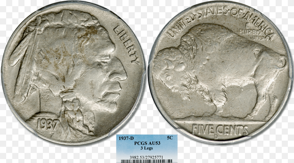 D 3 Legs 5c Pcgs53 1937 D 3 Leg Nickel, Coin, Money, Head, Face Png