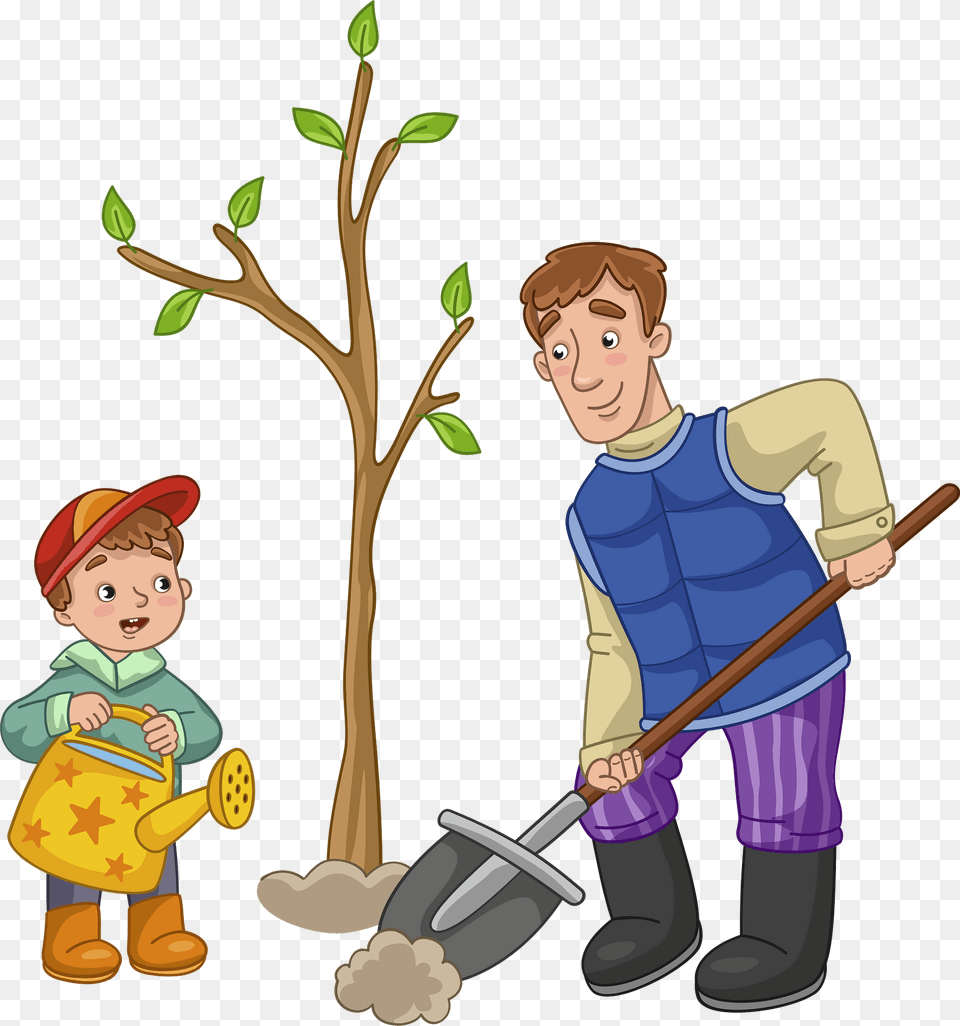 Dad And Son Planting A Tree Clipart, Cleaning, Person, Baby, Face Png Image