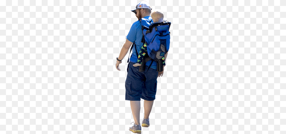 Dad Hiking With A Toddler In His Backpack People Hiking, Hat, Shorts, Bag, Baseball Cap Free Png Download