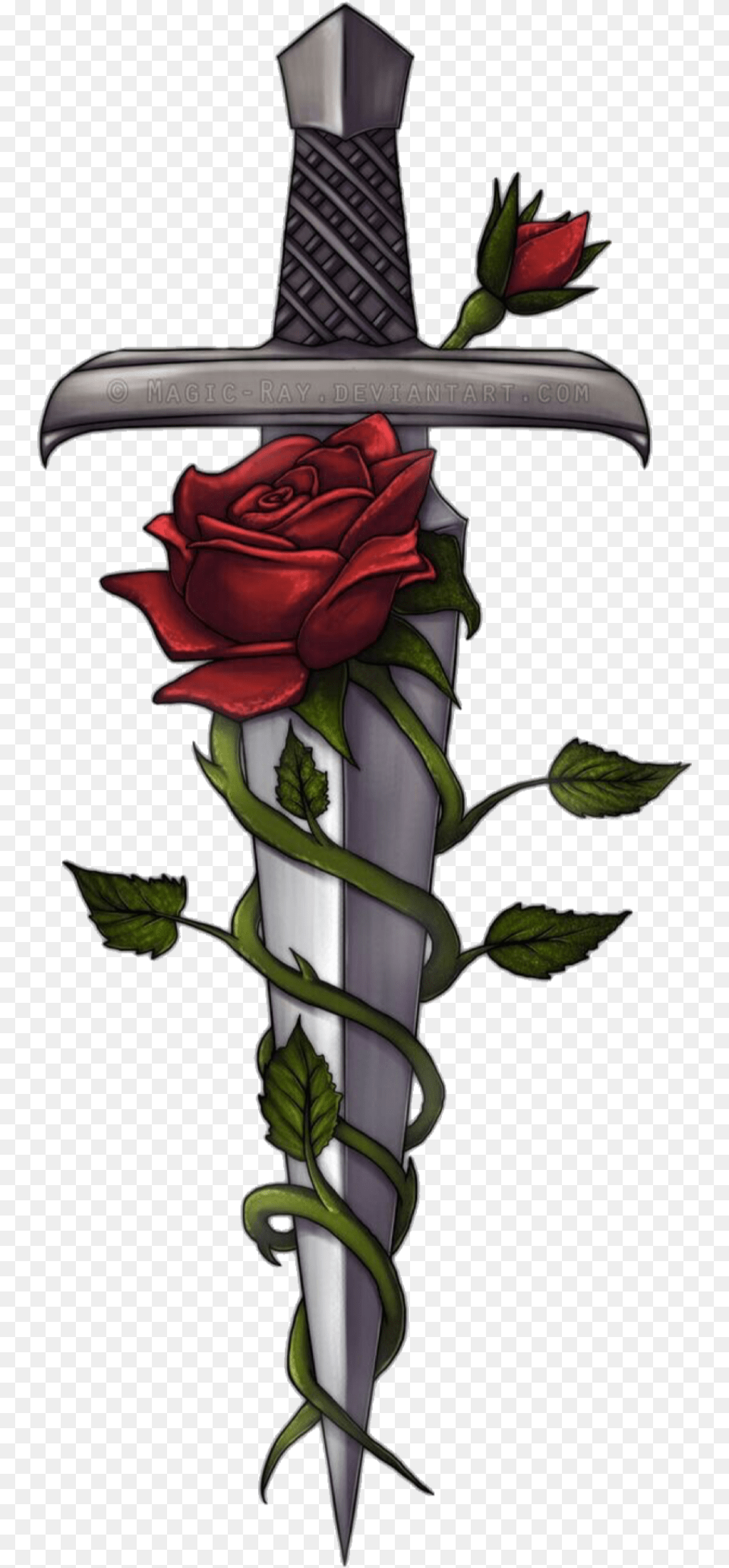 Dagger Knife Rose Vine Thorns Stab Cut Poke Rose And Sword Tattoo, Blade, Flower, Plant, Weapon Free Png Download