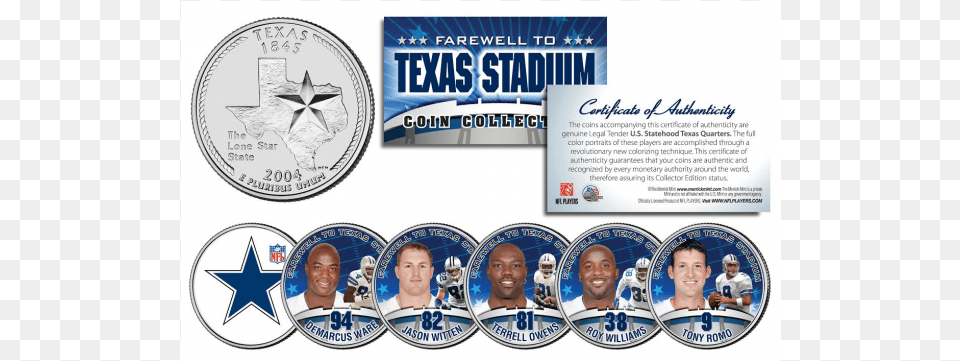 Dallas Cowboys Texas Stadium Farewell 6 Coin Statehood State Quarter, Adult, Male, Man, Person Png Image