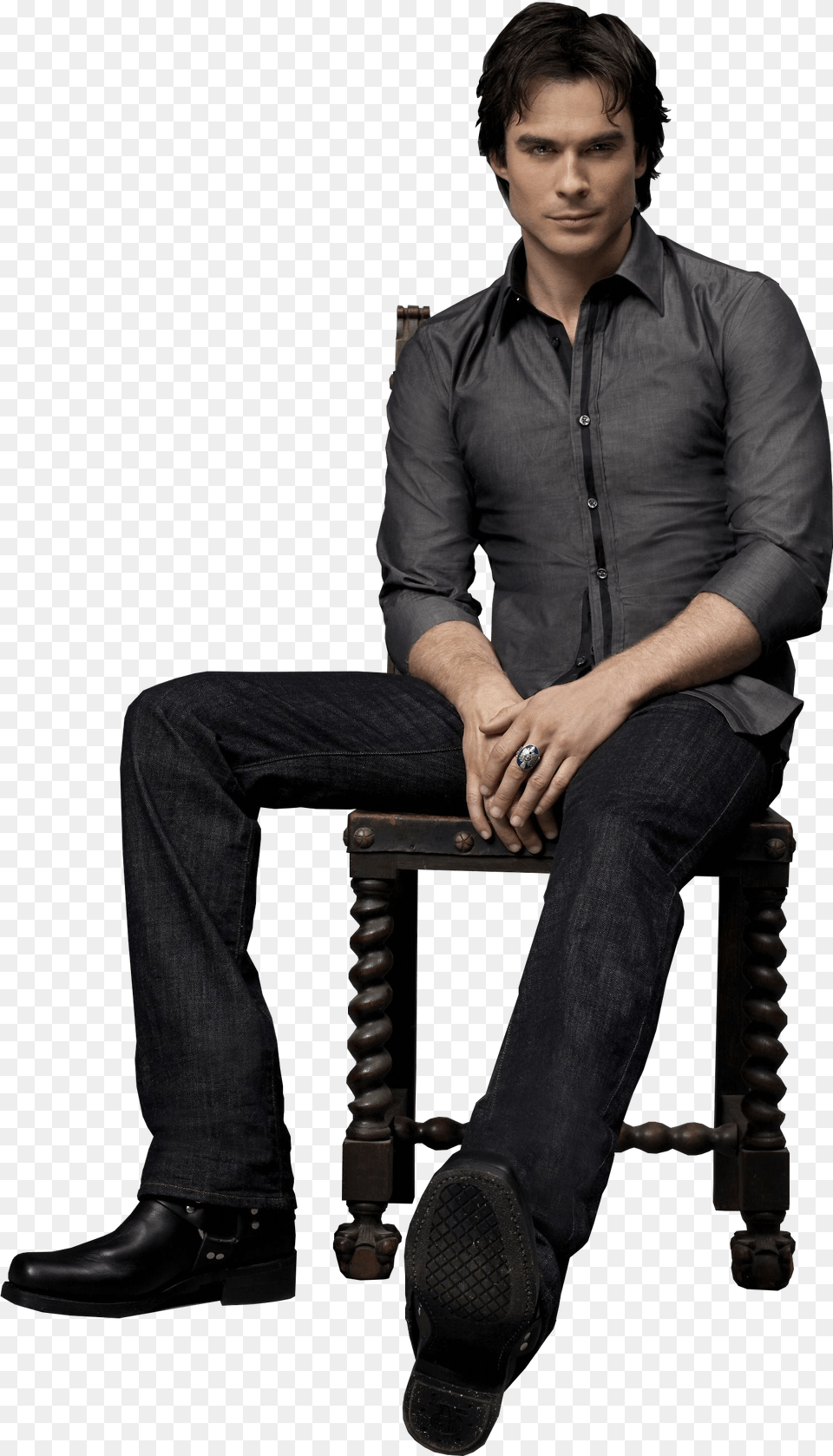 Damon Salvatore White Shirt Jeans, Sitting, Clothing, Person, Pants Png