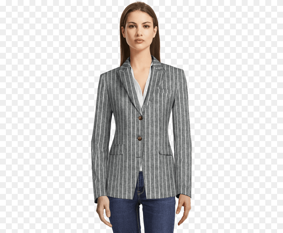 Dark Grey Striped Linen Cotton 3 Button Blazer With Blue Striped Blazer Womens, Clothing, Coat, Jacket, Formal Wear Free Transparent Png