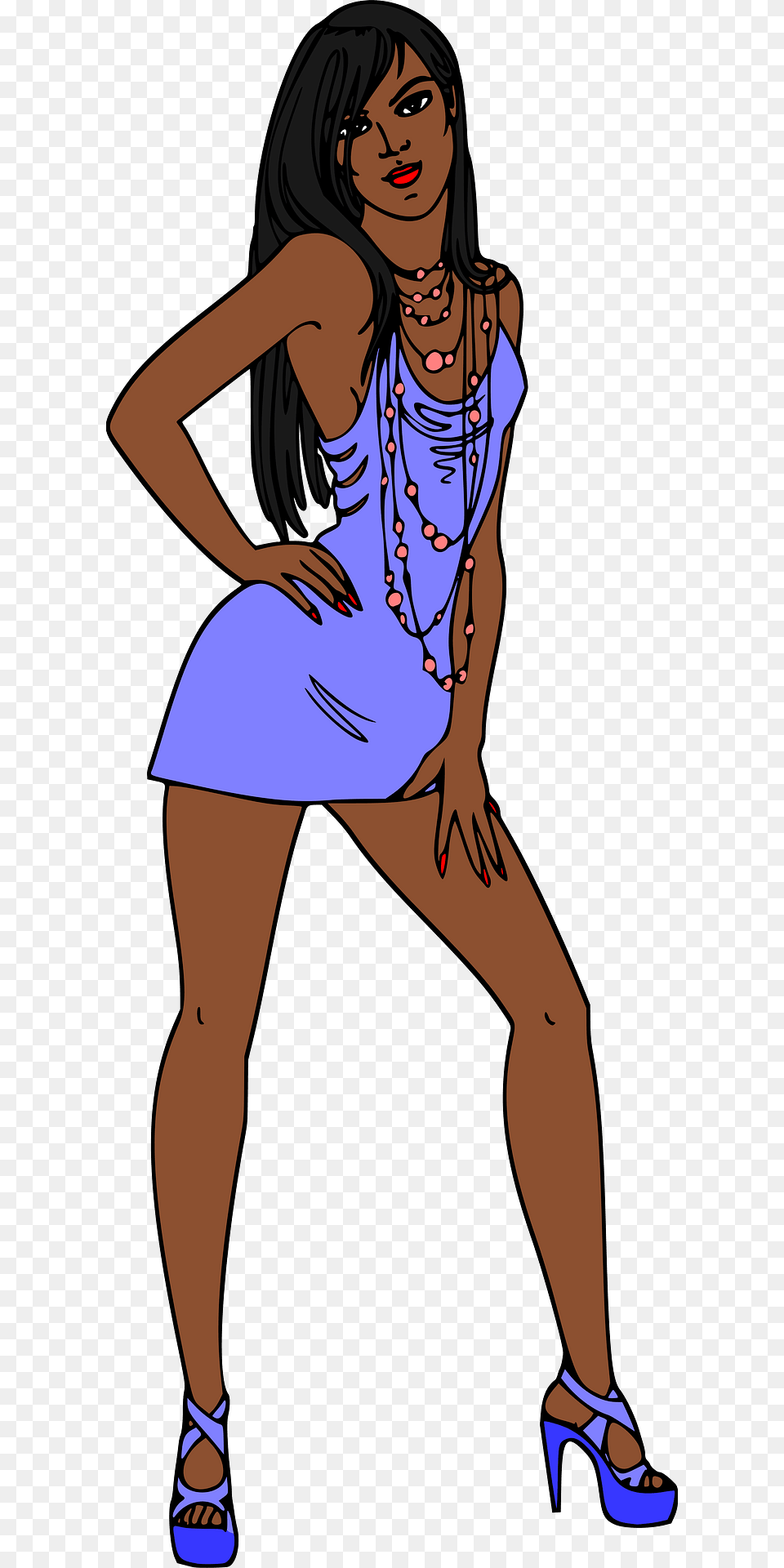 Dark Skin Black Haired Woman In Short Blue Dress Clipart, Accessories, Necklace, Jewelry, Shoe Free Png Download
