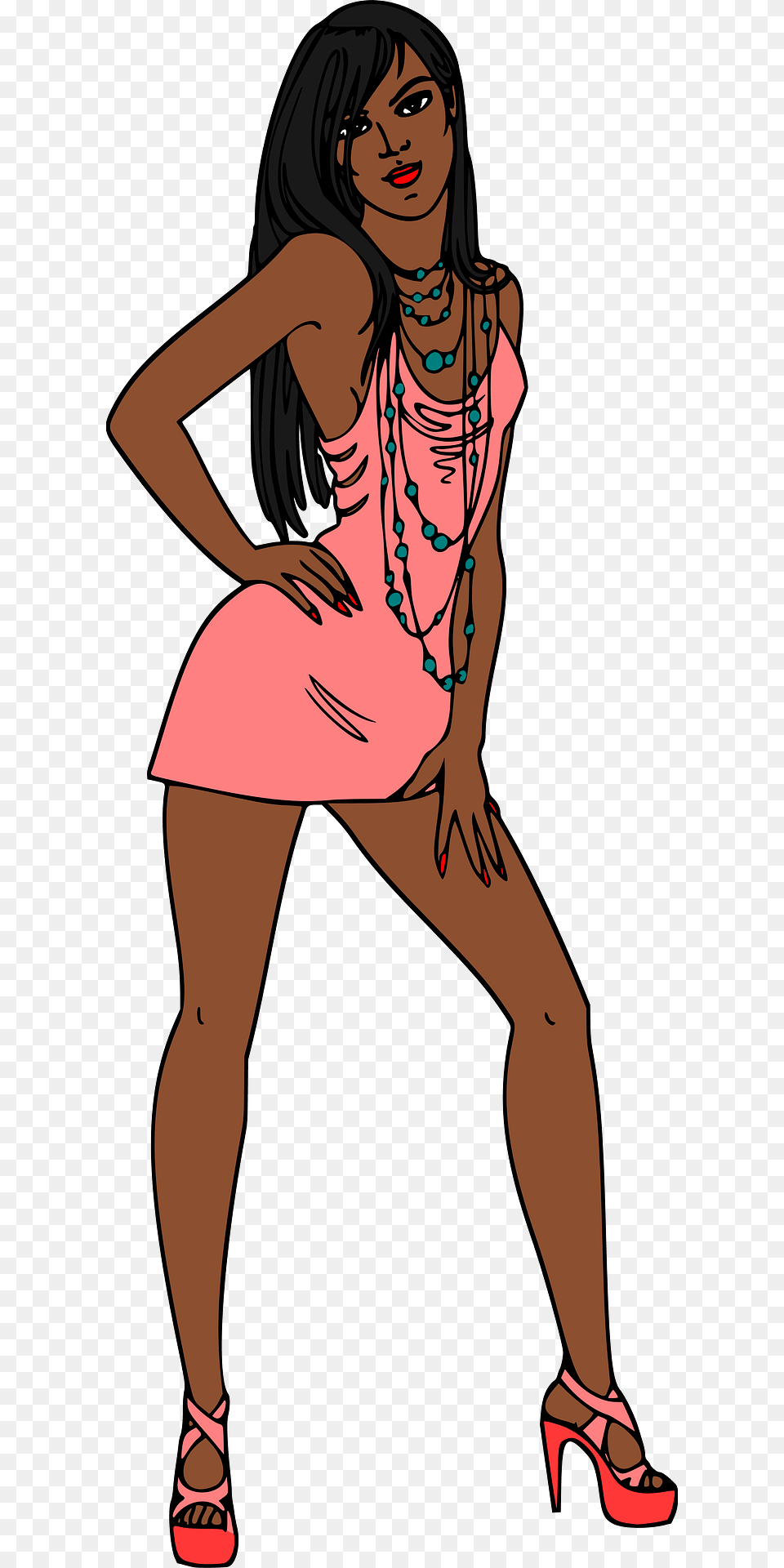 Dark Skin Black Haired Woman In Short Pink Dress Clipart, Accessories, Necklace, Jewelry, Shoe Free Transparent Png