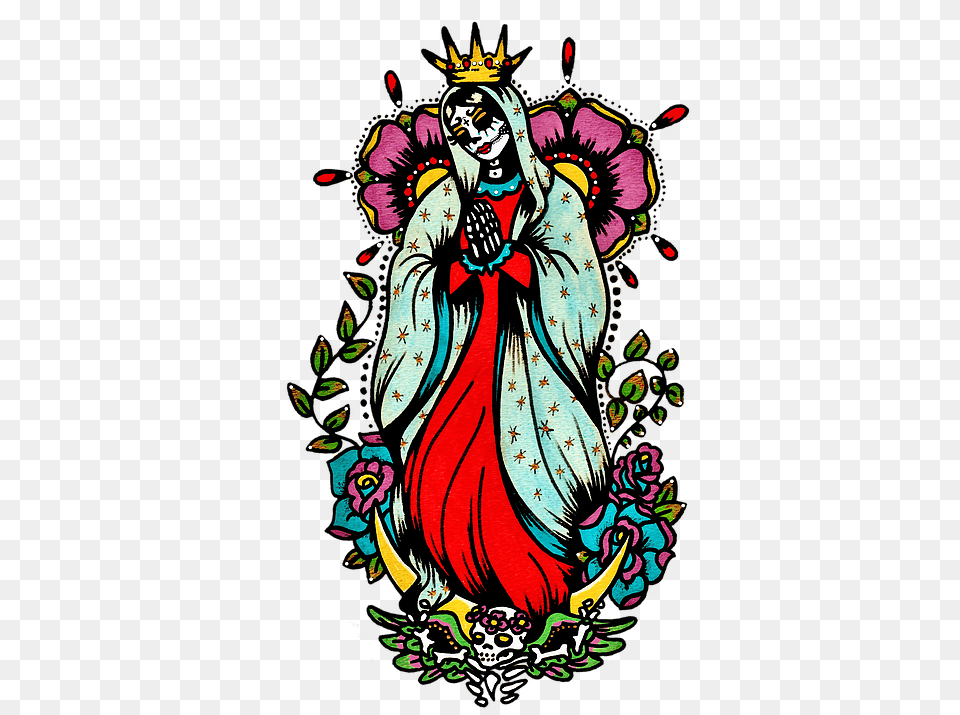 Day Of The Dead Art Virgin Mary Tattoo Illustrated Ink, Adult, Female, Person, Woman Free Png Download