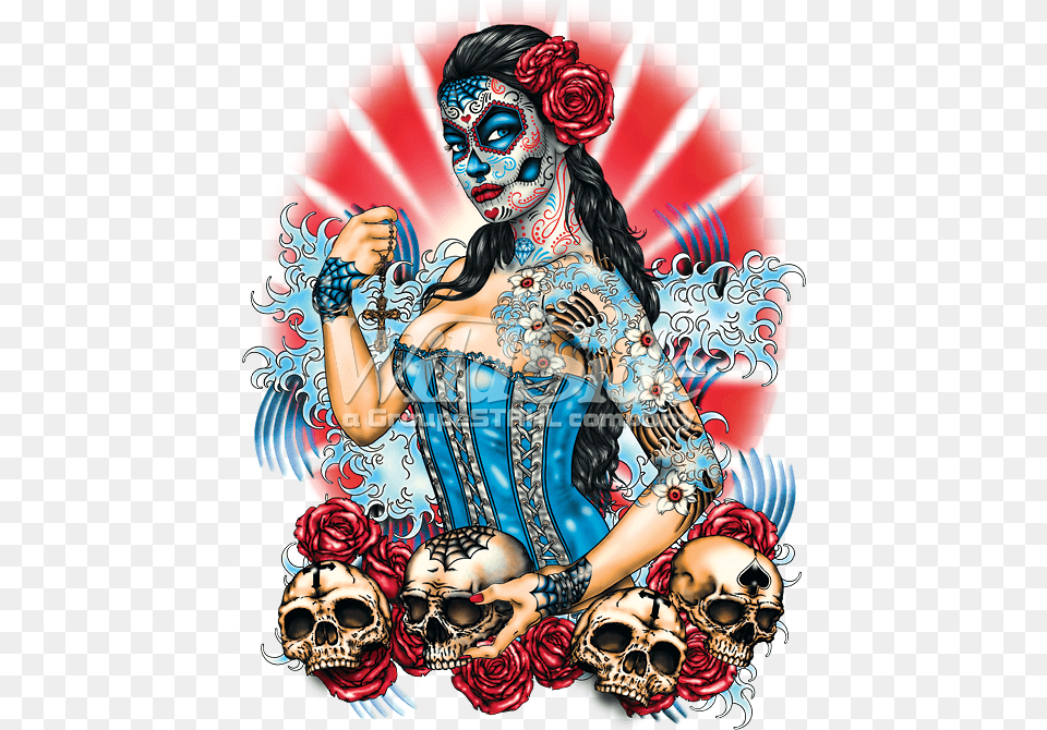 Day Of The Dead Pinup With Skulls And Roses Day Of The Dead Pinup, Carnival, Adult, Publication, Person Free Transparent Png