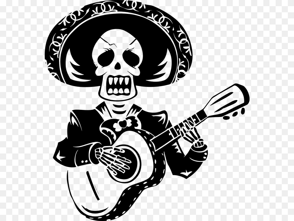 Day Of The Dead Skeleton Guitar Sombrero Skeleton Skeleton With Guitar Tattoo, Gray Free Transparent Png
