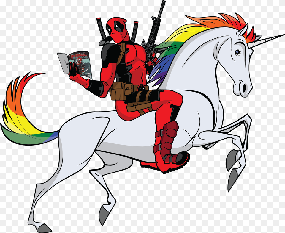 Deadpool Clipart Sticker Cutting Deadpool Riding A Unicorn, People, Person Png Image