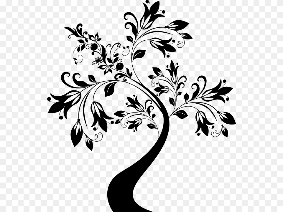 Decorative Floral Flourish Flower Flowered Branch Clipart Black And White, Gray Png Image