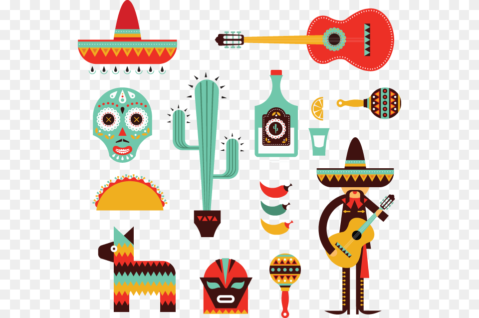 Decorative Mexican Icons Oldcuts Mexico Illustration, Guitar, Musical Instrument, Person, Clothing Free Png Download