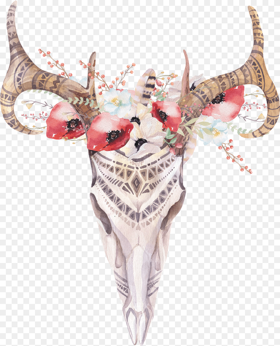 Deer Antler Bohemianism Skull Boho Chic Bohemian Deer Skull Print, Art, Flower, Plant, Animal Free Transparent Png