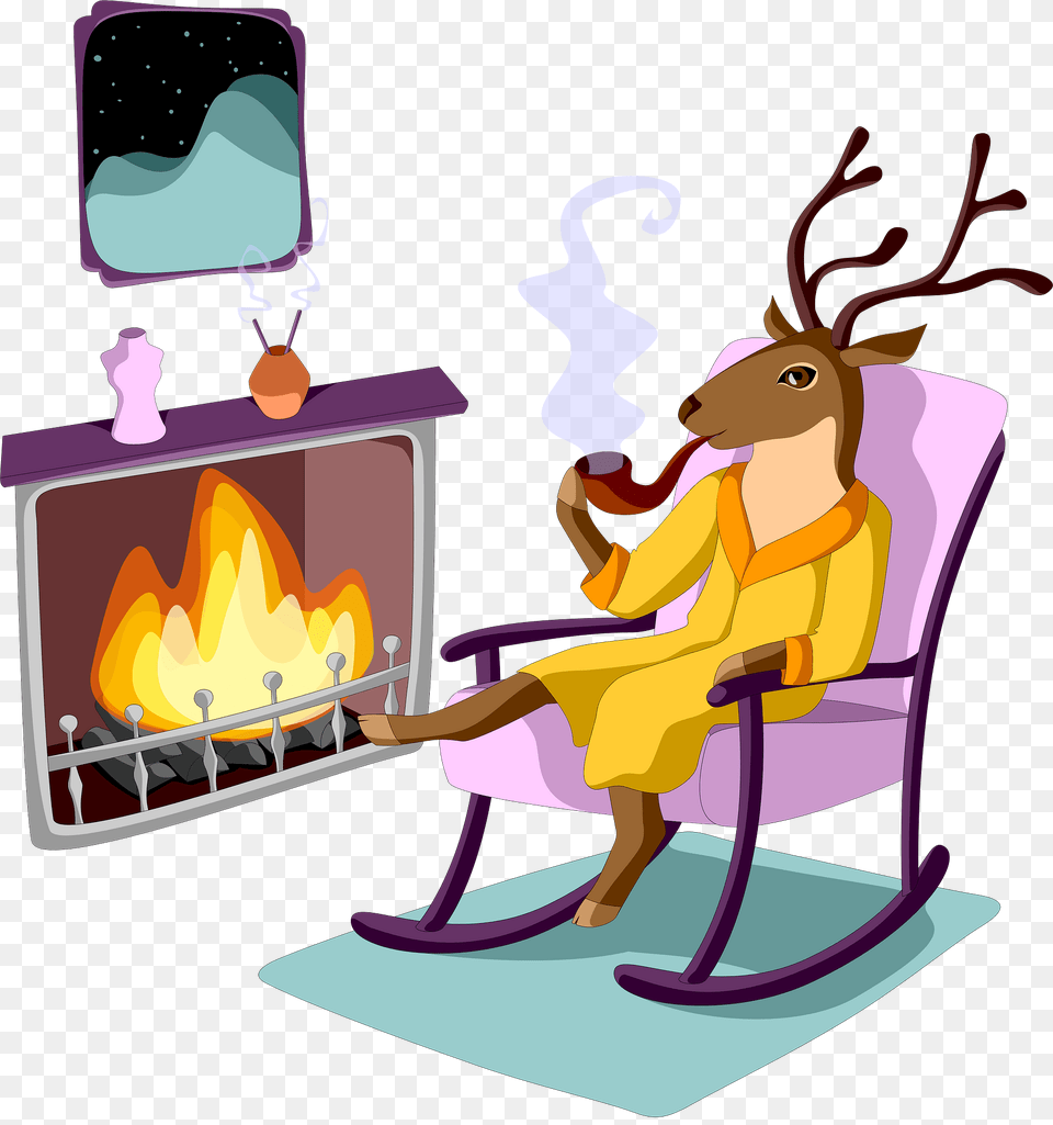 Deer Resting By The Fireplace Clipart, Furniture, Indoors Png Image