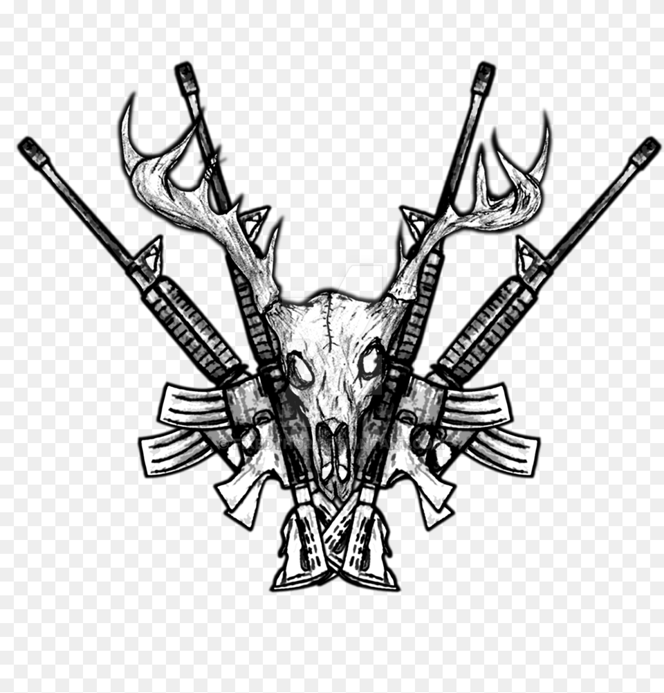 Deer Skull Rifles Crossed, Art, Drawing, Person Png Image