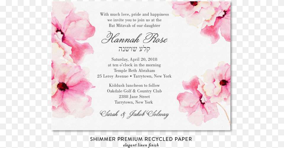 Delicate Roses Bat Mitzvah Invitations Premium Colorful Pink Flowers, Flower, Petal, Plant, Geranium Free Transparent Png