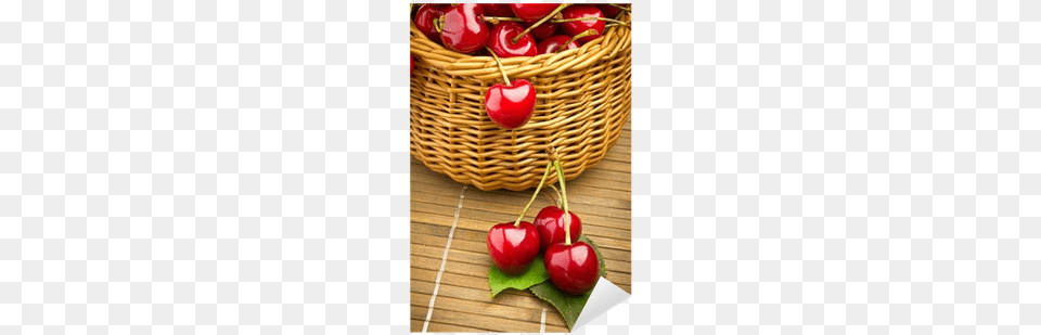 Delicious Sweet Cherry Fruits In Wicker Basket Sticker Basket, Food, Fruit, Plant, Produce Png