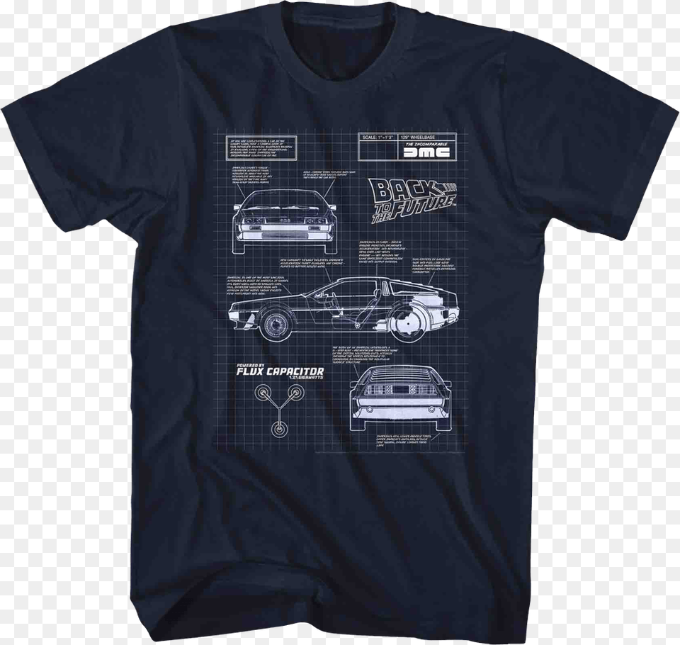 Delorean Schematic Back To The Future Navy T Shirt Back To The Future Notebook Flux Capacitor, Clothing, T-shirt, Car, Transportation Png