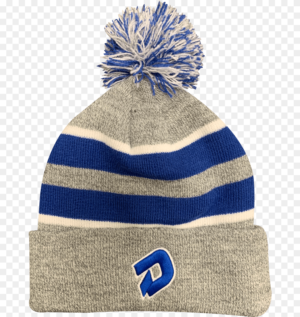 Demarini D Grey With Royal Blue And White Striped Beanie Beanie, Cap, Clothing, Hat, Person Png Image