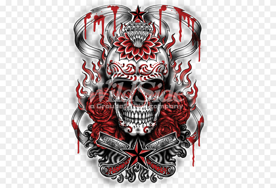 Demonized Sugar Skull Sweatshirt In White With A Gothic Biker, Emblem, Symbol, Graphics, Art Free Transparent Png