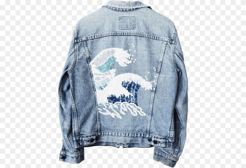 Denimjacket Denim Jacket Wave Art Water Jeanjacket Diy Painted Jean Jacket, Clothing, Coat, Jeans, Pants Free Transparent Png