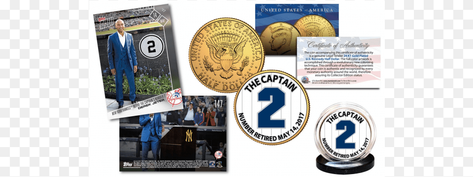 Derek Jeter Retirement Issue Roberto Clemente Baseball Legends Jfk Half Dollar, Adult, Male, Man, Person Png Image