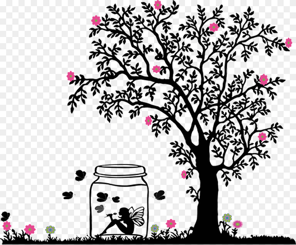 Design Jar Tree Drawing Animation Girl In Tree Silhouette, Paper, Flower, Petal, Plant Png Image