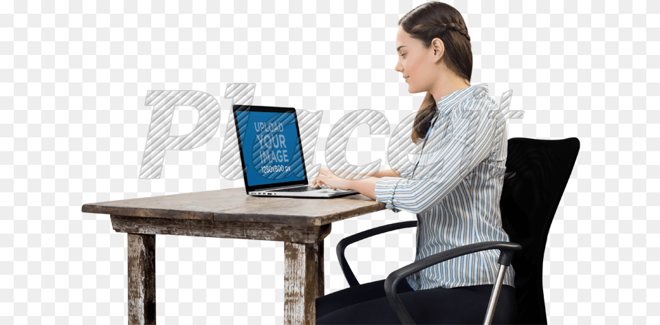 Desk And Woman Person Sitting At Desk, Laptop, Computer, Table, Electronics Png Image