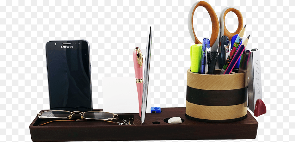 Desktop Organizer With A Pencil Cup Wood, Electronics, Phone, Mobile Phone, Table Free Png Download