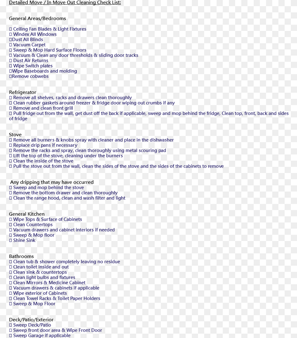 Detailed Move In Move Out Cleaning Check List Vacuum Cleaner, Page, Text Free Png