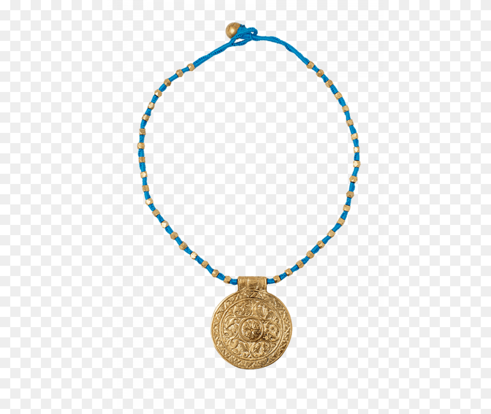 Dhokra Sky Blue Necklace With Round Golden Pendant Locket, Accessories, Gold, Jewelry Free Png Download