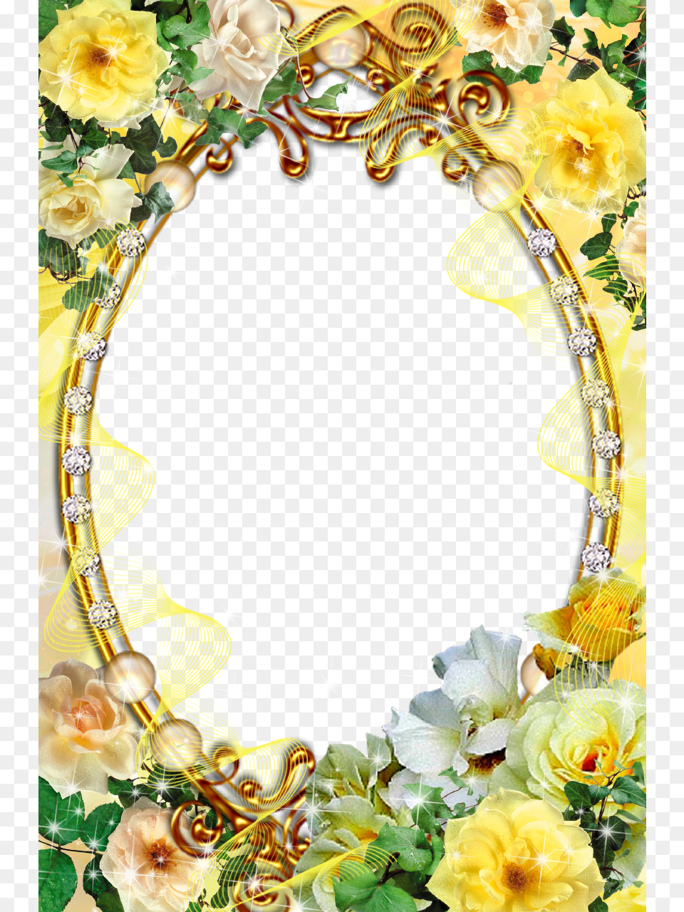 Diamonds Decorated Oval Picture Frame With Yellow Roses Yellow Roses Photo Frames, Flower, Plant, Rose, Photography Png Image